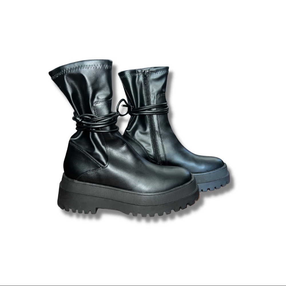 ASOS Public Desire Finale Chunky Flat Ankle Boots with tie in Black.